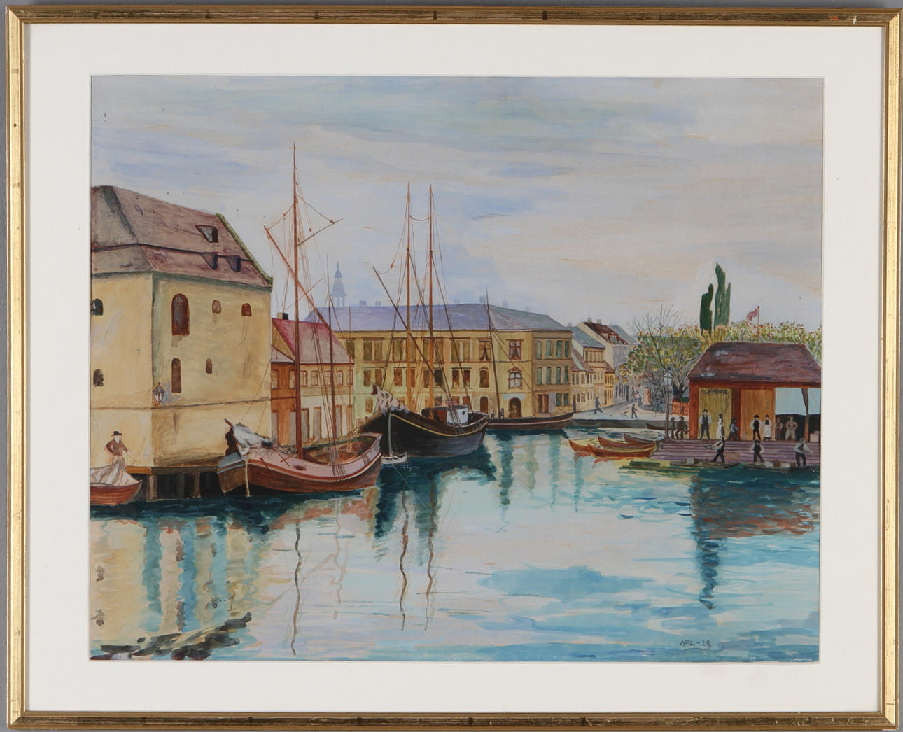 OKÄND KONSTNÄR. Stadsbild vid hamn, akvarell/blandteknik, monogramsignerad HPL samt daterad -28.
