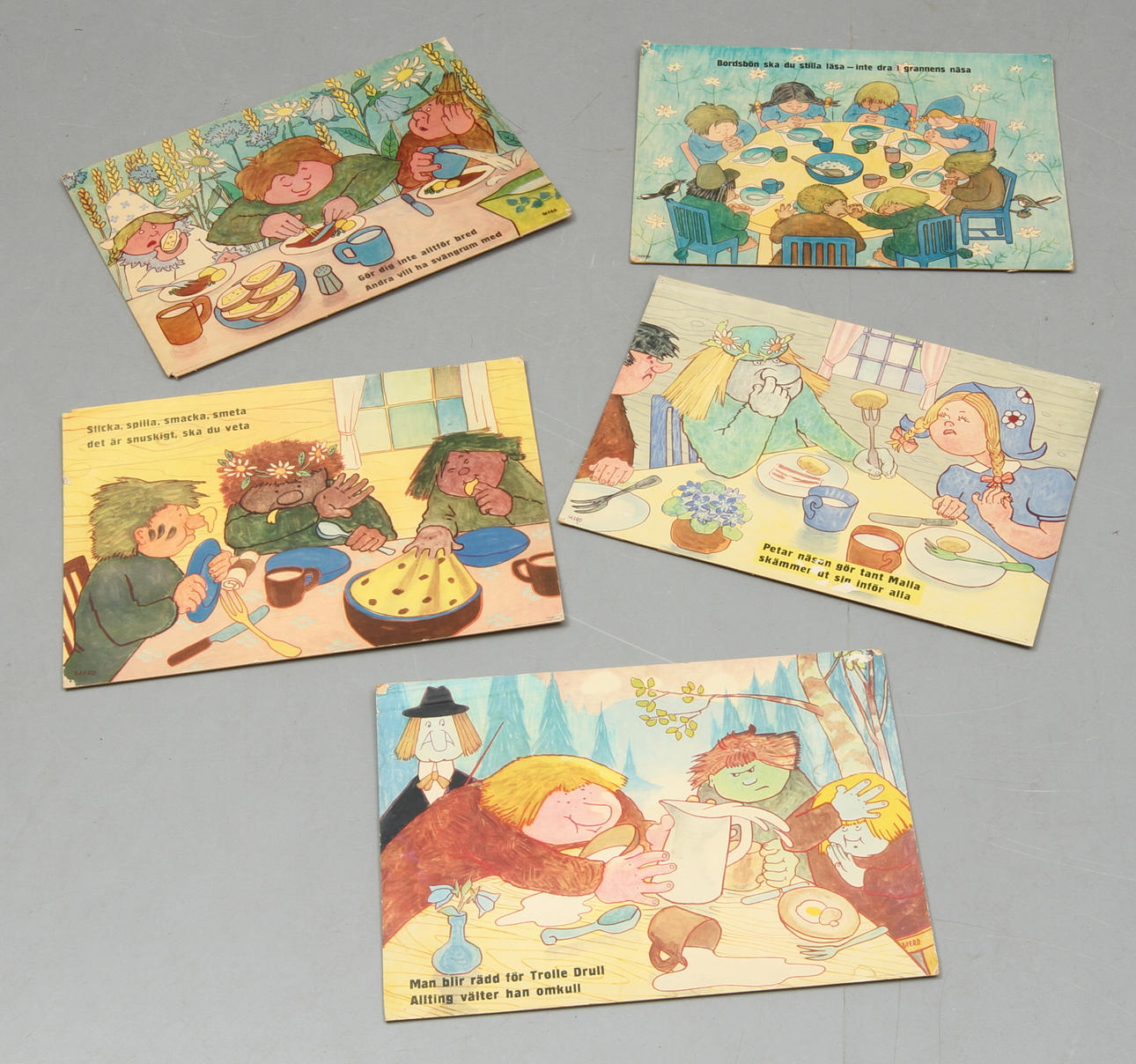 PLANSCHER 5 st uppsatta på papp, Jönköpings Tändsticksfabriks Tryckeri, 1950-talets början.