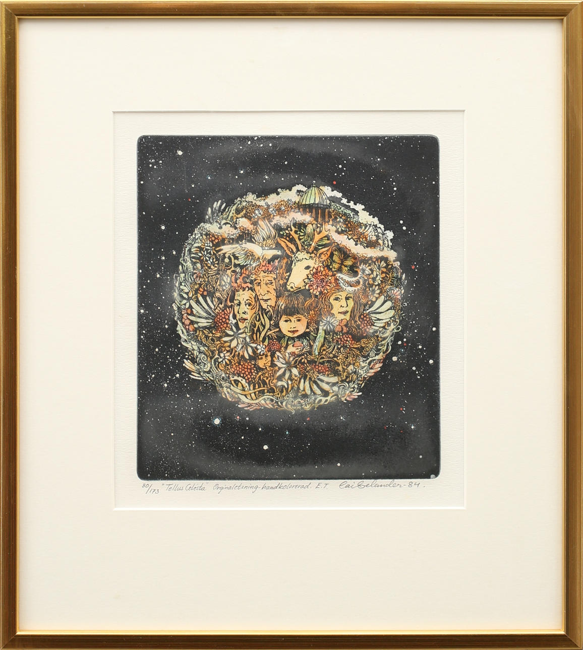 CAI SELANDER. "Tellus Celésta", Original etching - hand colored, signed and dated -84, numbered 80/173.