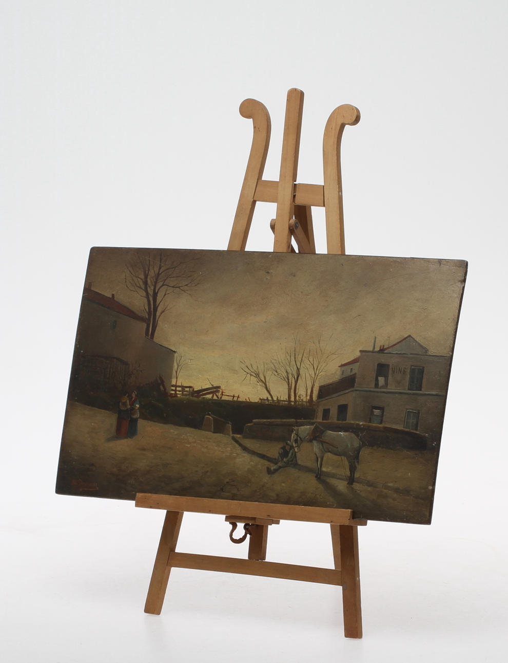 OKÄND KONSTNÄR. Stadsmotiv med figurer och häst, oljap å pannå, signerad M Desharg?