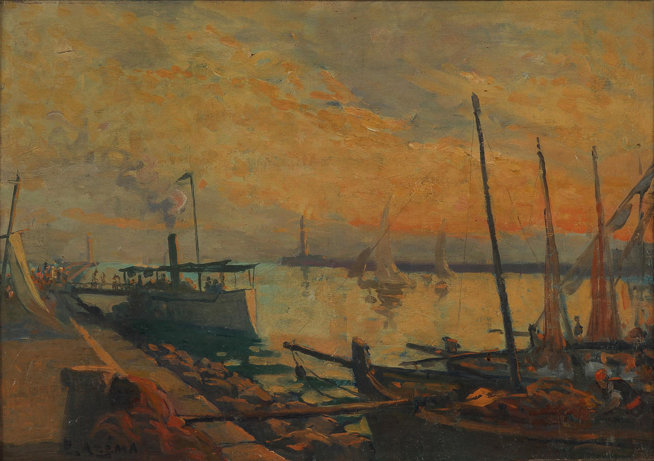ERNEST AZÉMA. TILLSKRIVEN. Hamn, olja på duk, signerad E Azema.