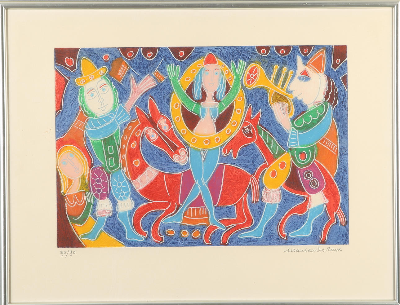 LOUIS MARCHAND DES RAUX. Acrobats, color lithograph, signed and numbered 90/90.