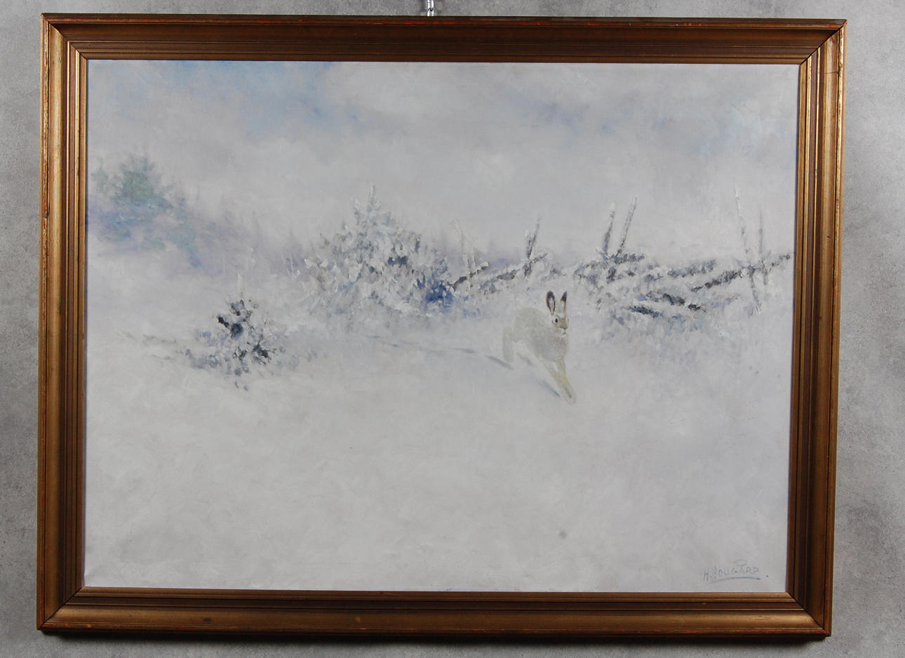 H HOUGÅRD. olja på duk, " Hare i vinterlandskap ".