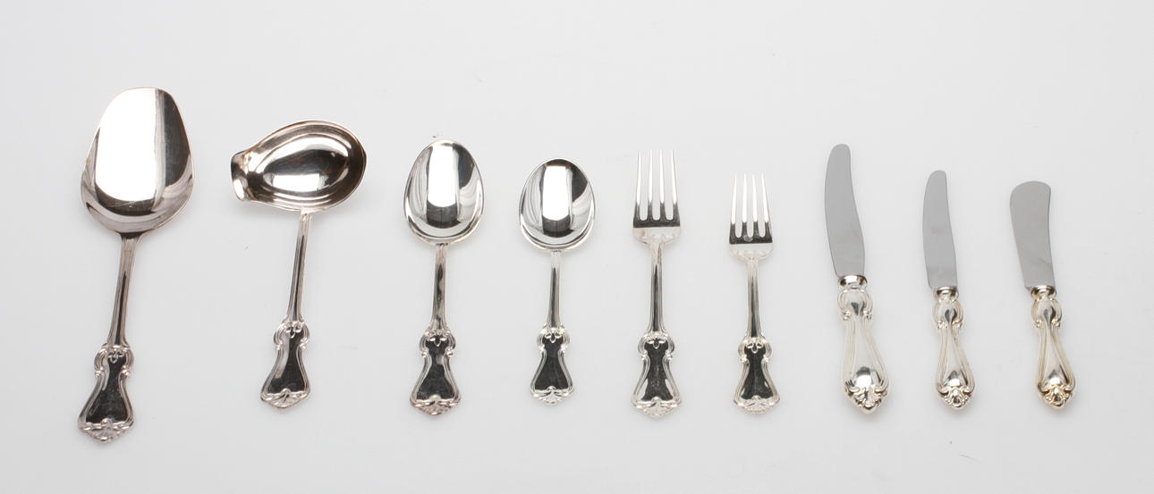 BESTICK, 76 delar, nysilver, "Olga", GAB.