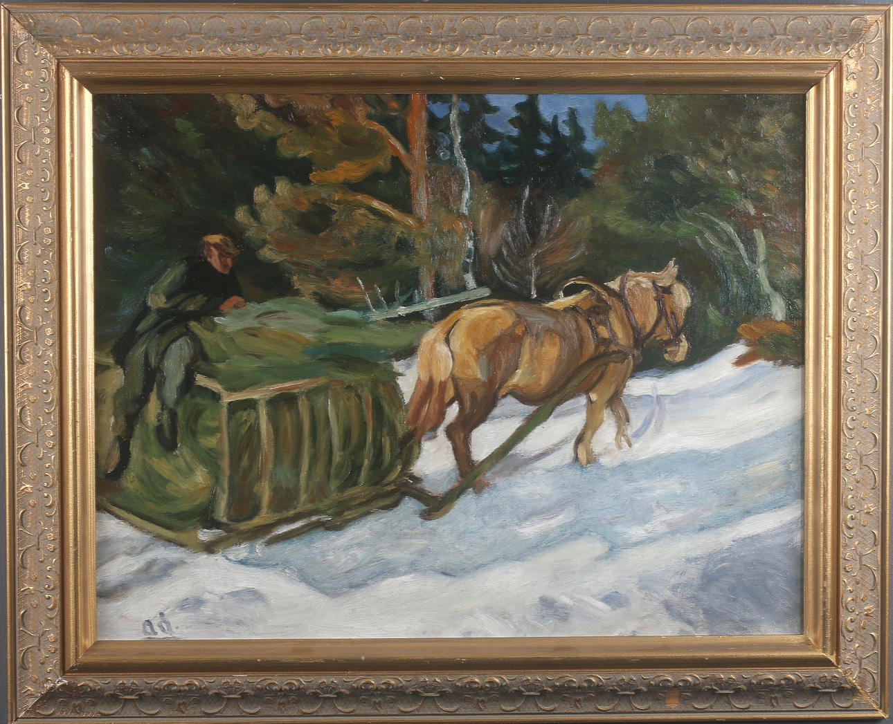 ACKE ÅSLUND. Winterdose, Öl auf Holz, monogrammiert " Platte".