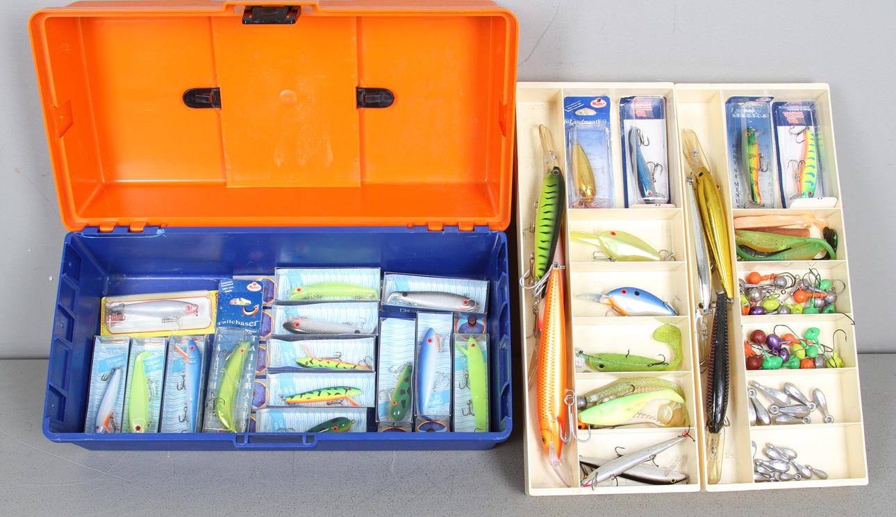 FISKELÅDA med DRAG och WOBBLER, Mann och Tom Mann, USA.