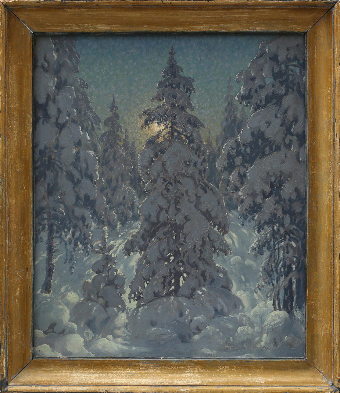 ERIC RHÖNNSTAD. Oil on Board, moonlight over winter landscape, signed.
