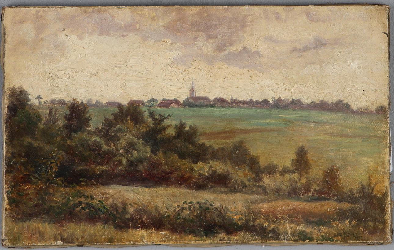 OKÄND KONSTNÄR. Landskap med kyrka, olja på duk, osignerad.