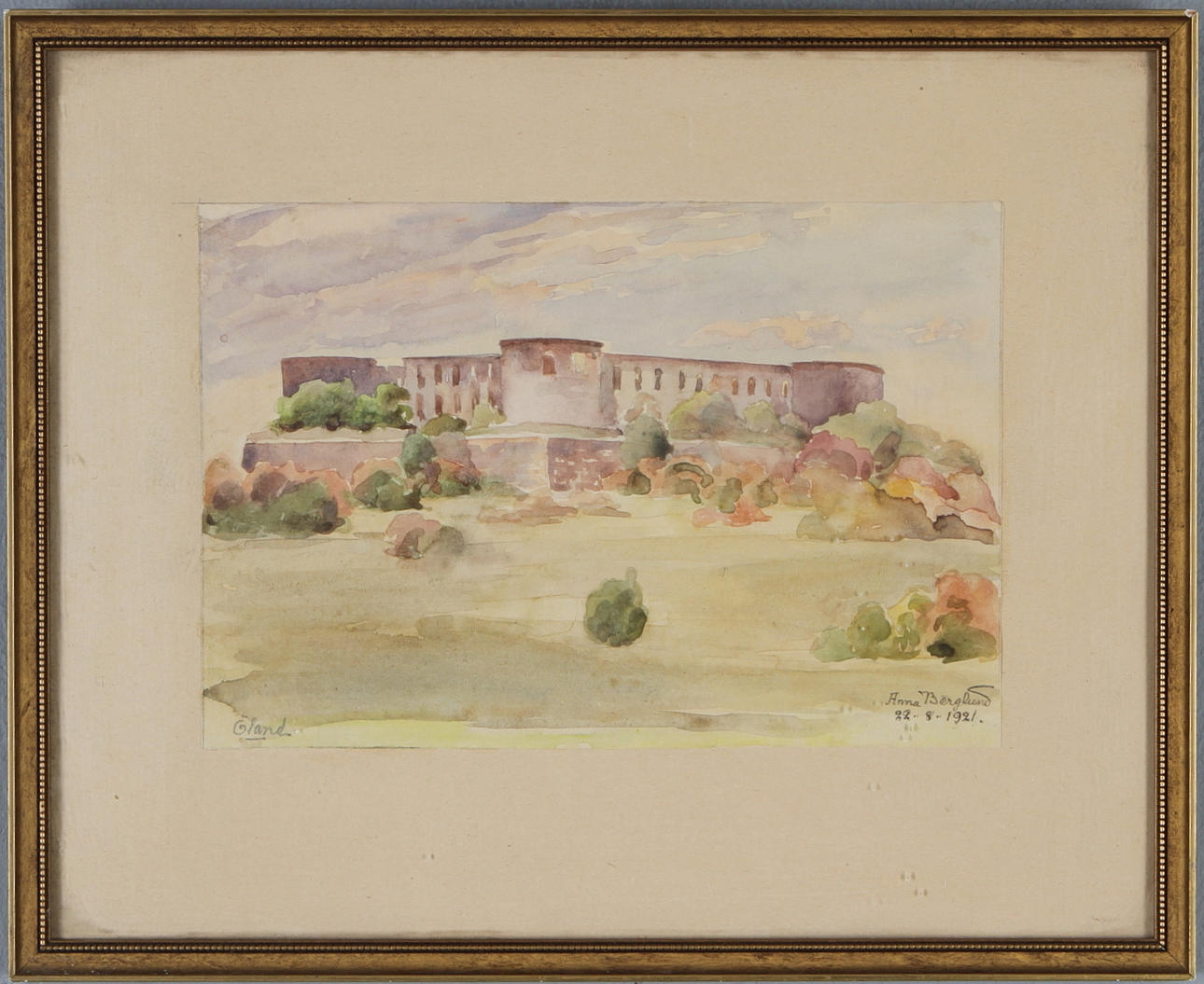 ANNA BERGLUND. Borgholms slott, akvarell, signerad och daterad 22-8-1921, Öland.