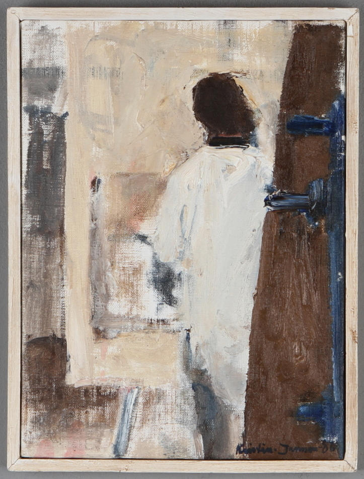 KRISTINA JANSSON. "Vid staffliet", olja på duk, signerad och daterad -86.