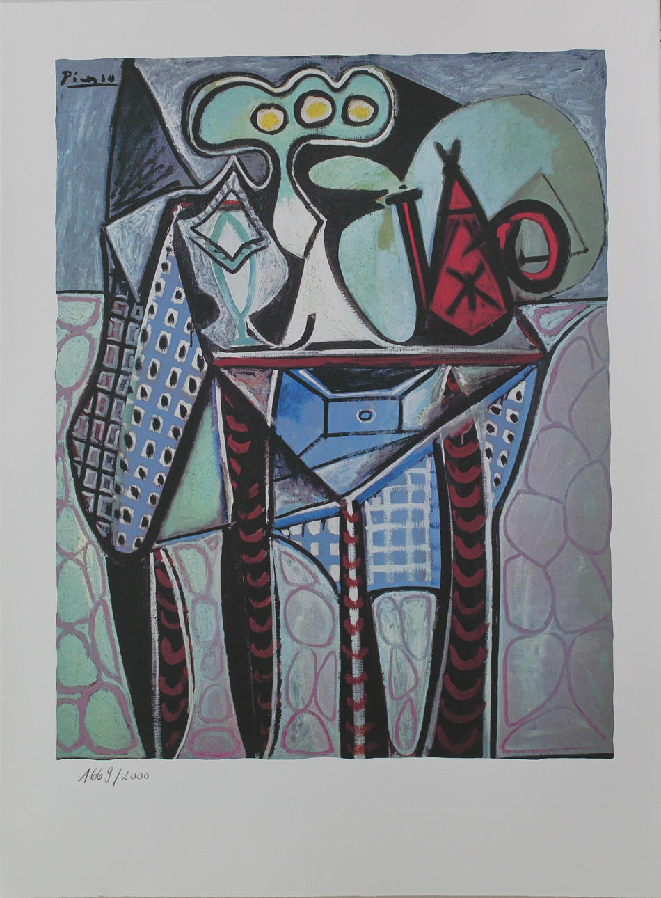 PABLO PICASSO. EFTER. Kubistisk modell. Färglitografi. Signerad Picasso i trycket. 1669/2000.
