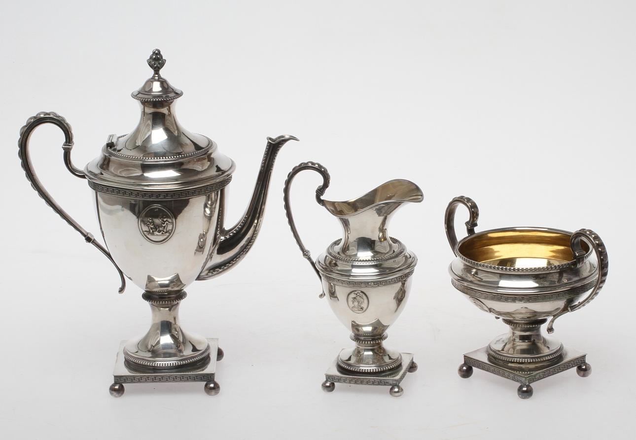 KAFFESERVIS, 3 delar, nysilver, A G Dufva, sekelskiftet 1900.