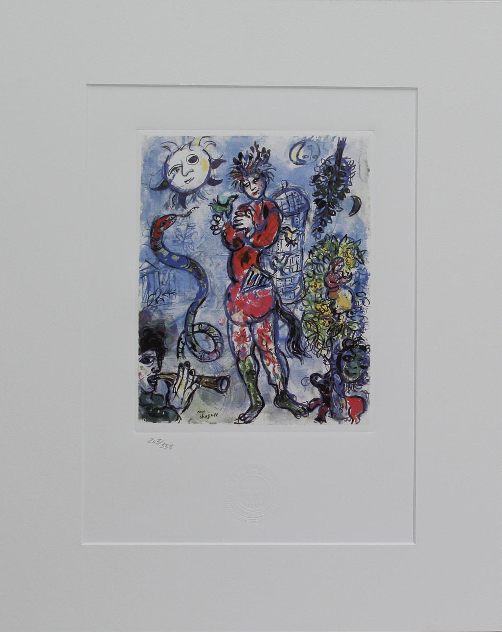 MARC CHAGALL. EFTER. Fågelmannen och ormen. Färglitografi. Signerad i trycket och prägelsignerad Marc Chagall. 203/333.