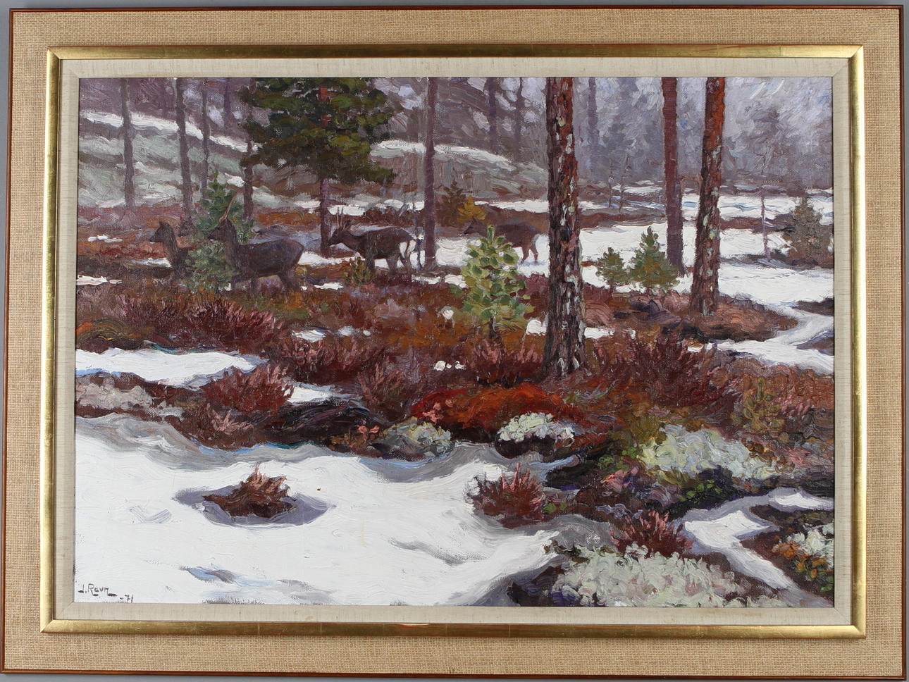 Skogsmotiv med rådjur, olja på duk, signerad och daterad 71.