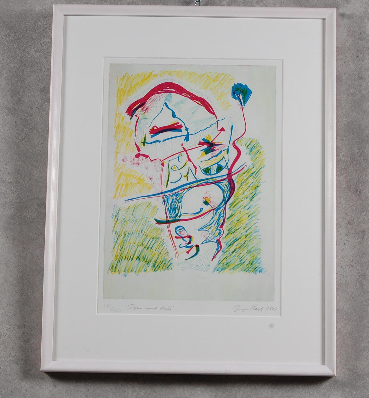 JÖRGEN NASH. Färglitograf, " figur med drake " signerad, numrerad 105/150, daterad 1977.