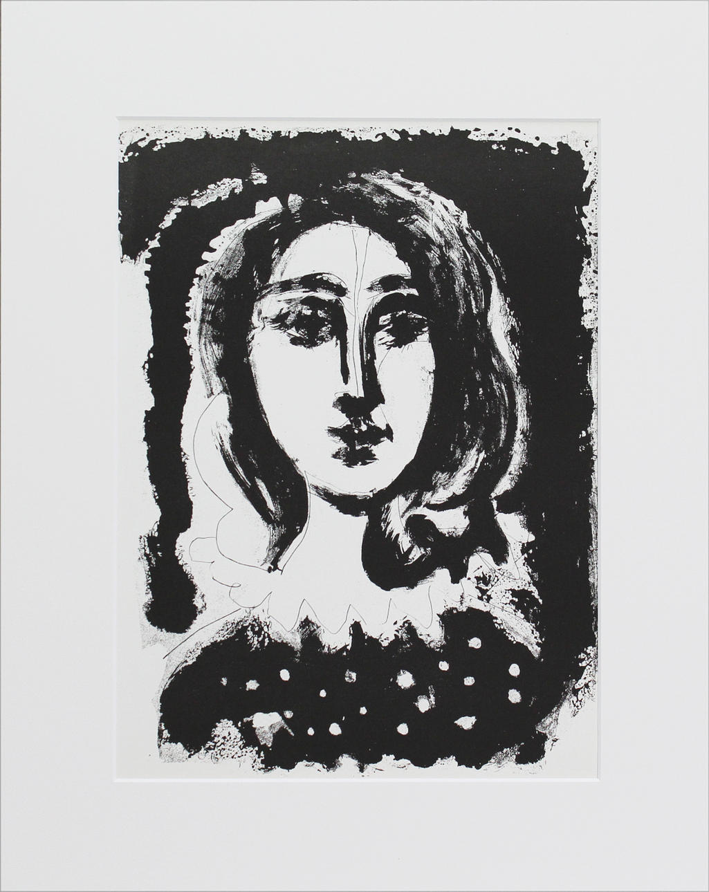 PABLO PICASSO. EFTER. Visage de femme sur fond noir. Litografi. Osignerad.