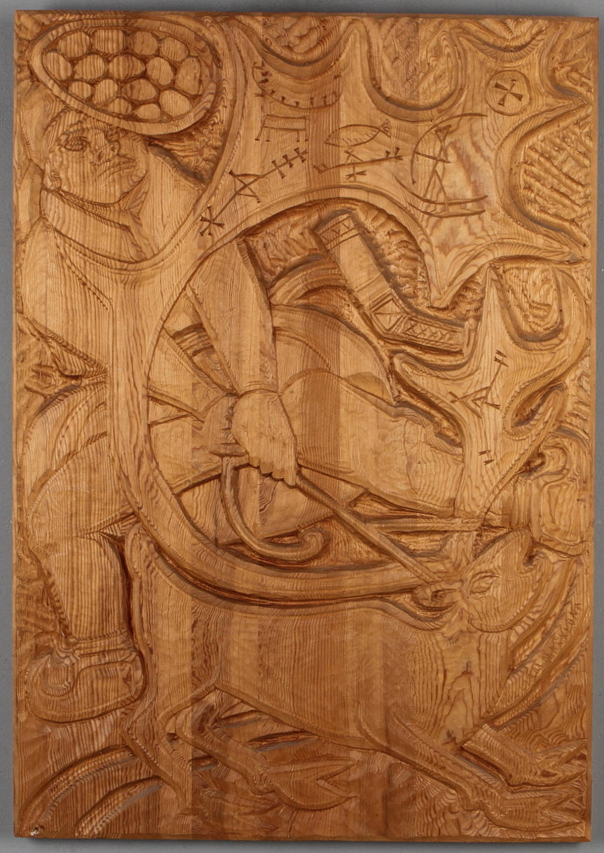 WILLIAM MARKLUND. Relief, skuret trä, signerad.