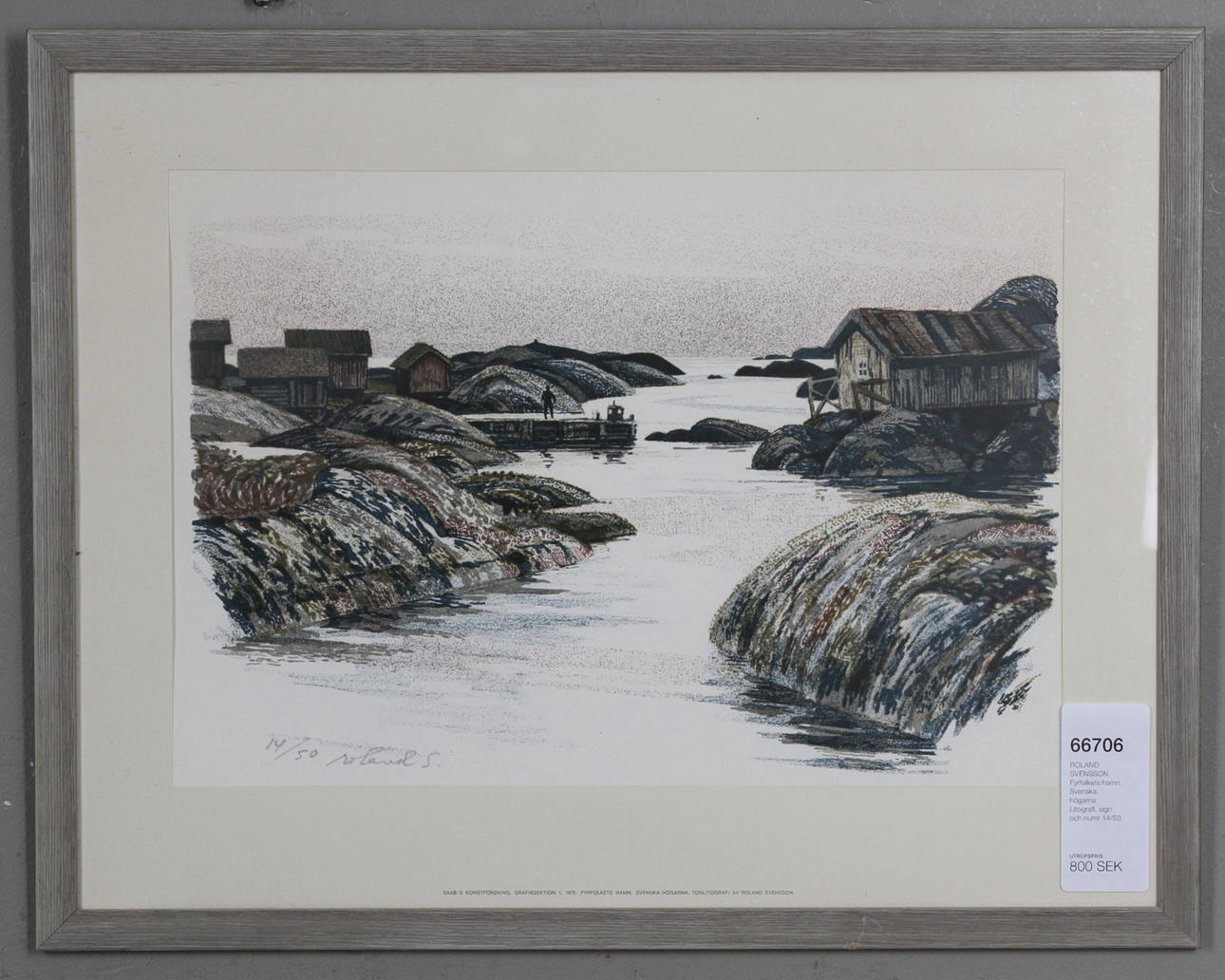 ROLAND SVENSSON. Fyrfolkets hamn, Svenska högarna. Litografi, sign och numr 14/50.