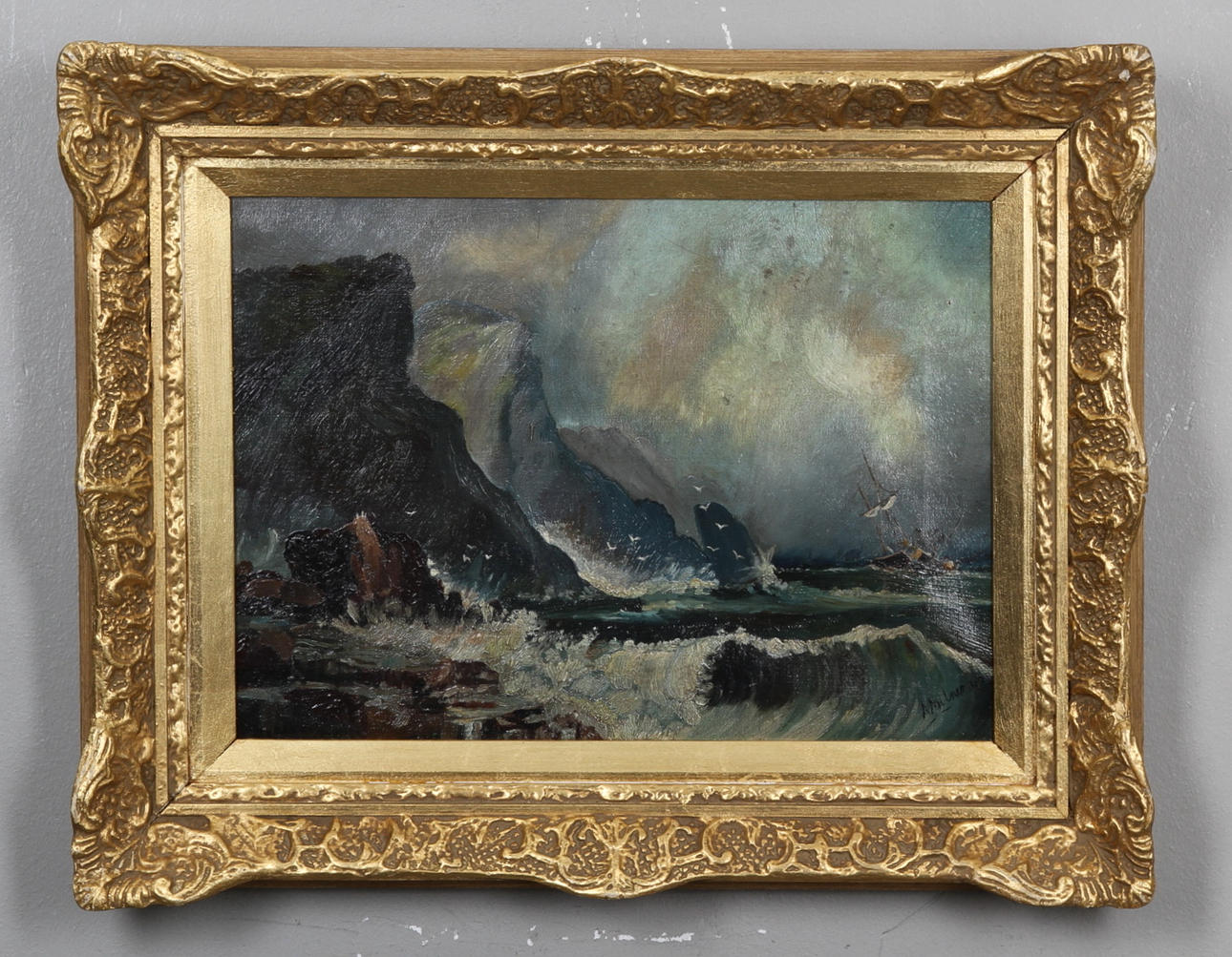 A.MILNER. Kustlandskap med skepp. England 1800-tal. Olja på duk. Signerad A.Milner.