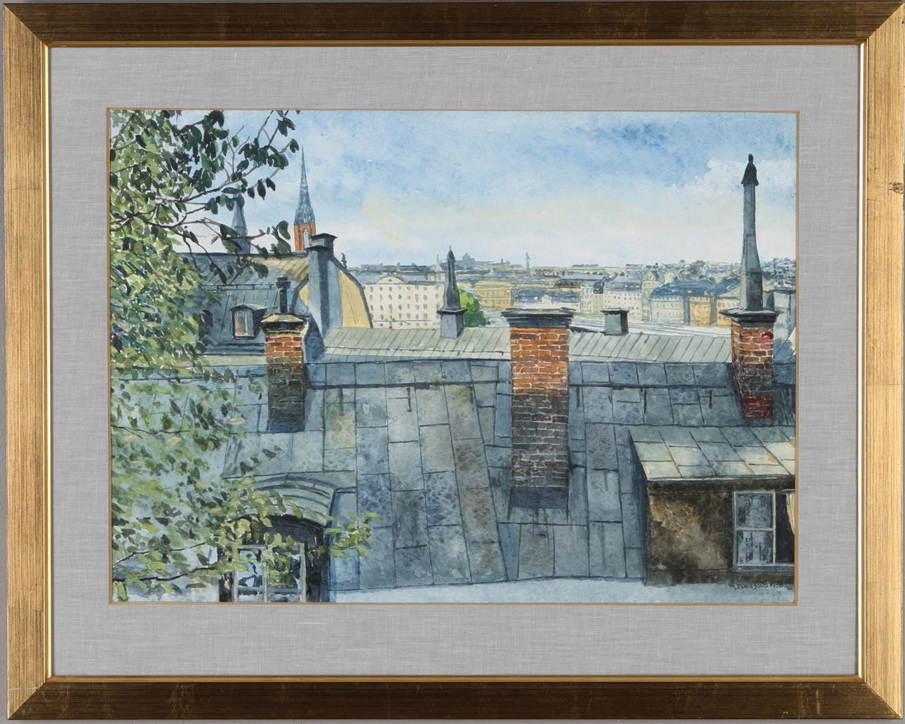 PIETRO DALLA-SANTA. Utsikt mot gamla stan, akvarell, signerad och daterad 1978.