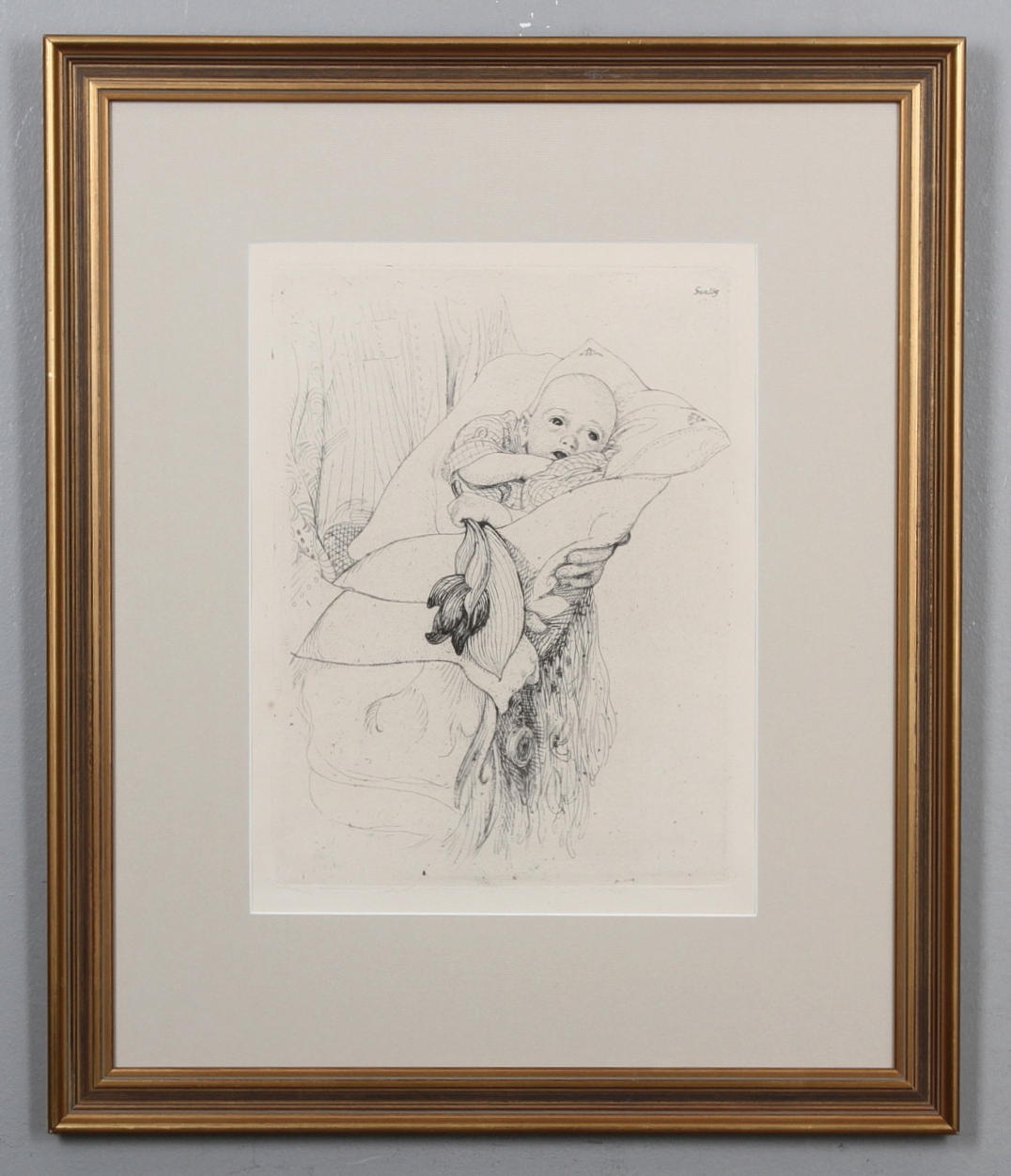 CARL LARSSON. "Gunlög gratulerar morfar". 1913, etsning (III état av III). Osignerad.