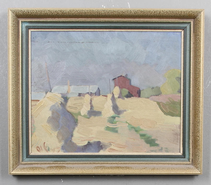 ALF GUSTAVSSON. Skördemotiv. Olja på pannå. Signerad alf -47.