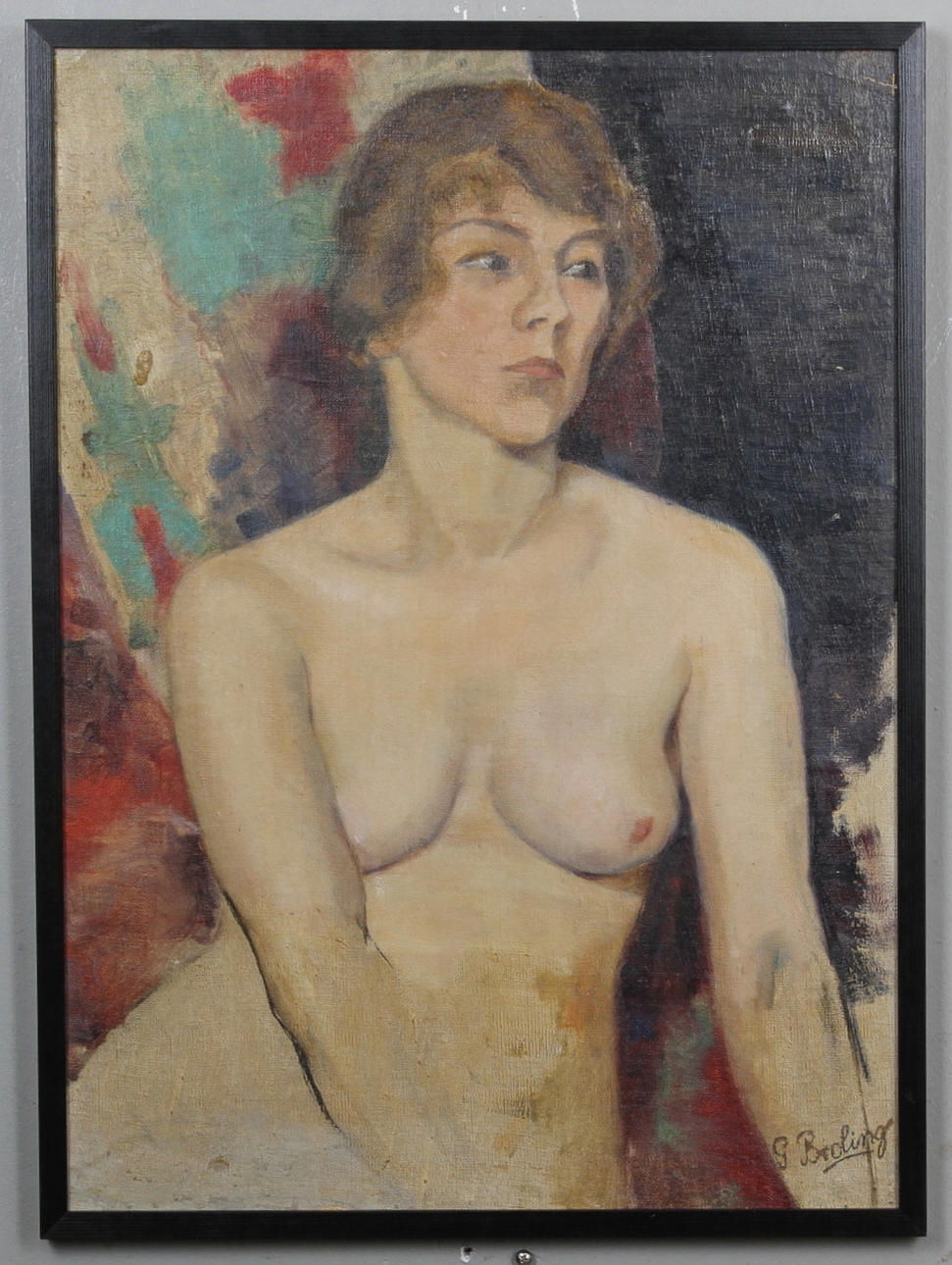 OKÄND KONSTNÄR. Porträtt av naken kvinna. Olja på duk uppklistrad på pannå. Signerad.
