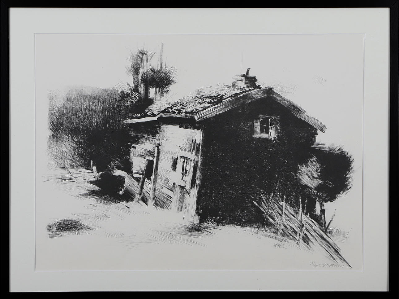 EBBE EBERHARDSON. Stuga, litografi, signerad.