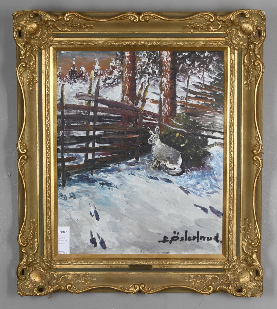BERT ÖSTERLUND. Vinterhare vid gärdesgård. Olja på duk. Signerad.