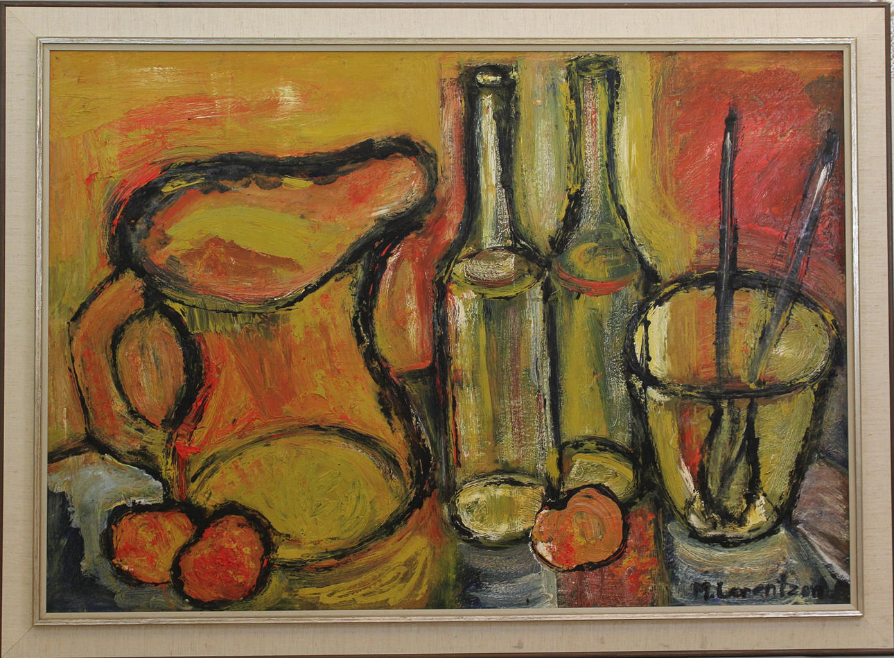MONICA LORENTZON. Stilleben. Olja på pannå. Signerad M Lorentzon.