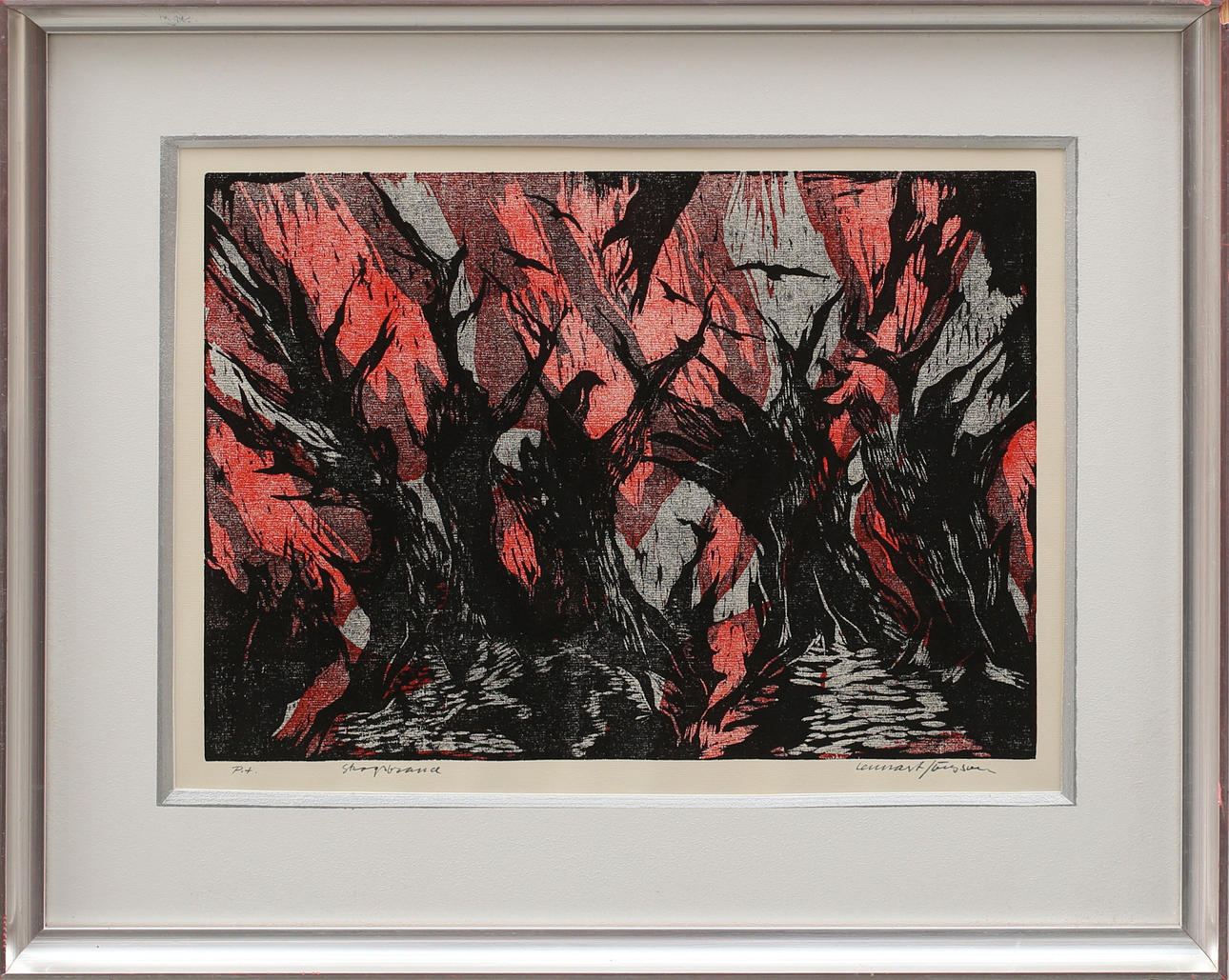 LENNART JÖNSSON. Woodcut, "Forest fire" signed, proof print.
