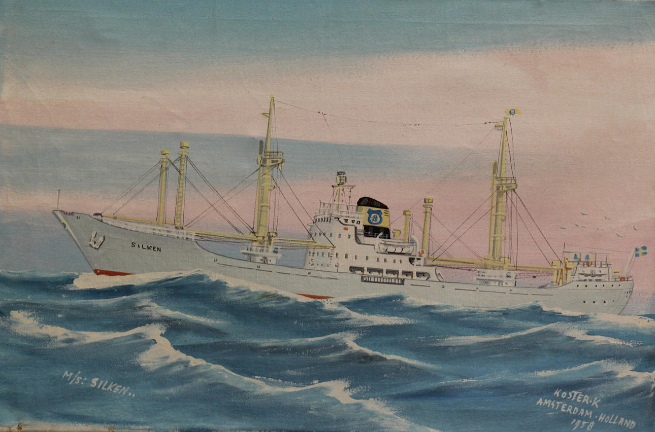 OIDENTIFIERAD KONSTNÄR. "M/S Silken". Olja på duk. Signerad Koster K, Amsterdam, Holland och daterad 1958.