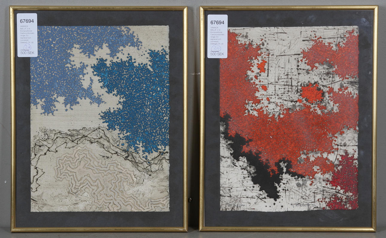 YANNICK BALLIF. 2 st. Kompositioner. Carborundumetsningar. En signerad och numrerad. Daterad -74.