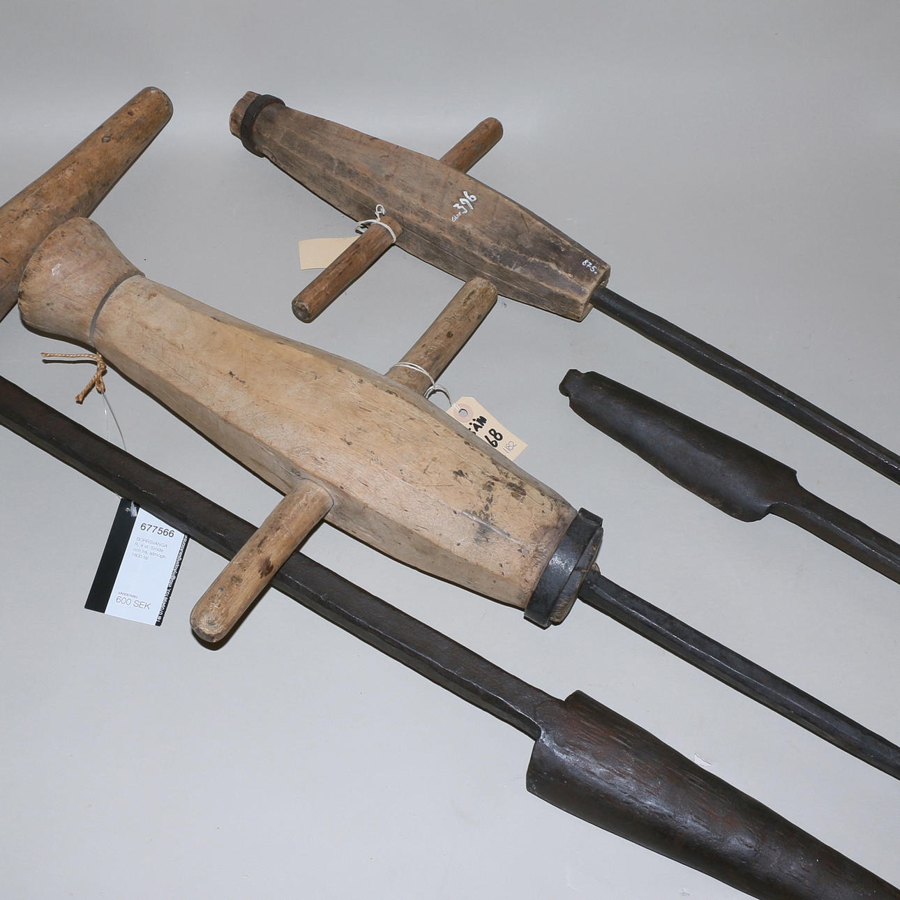 DRILL RODS, 4 pcs. Forge and wood, commoner, 19th century.