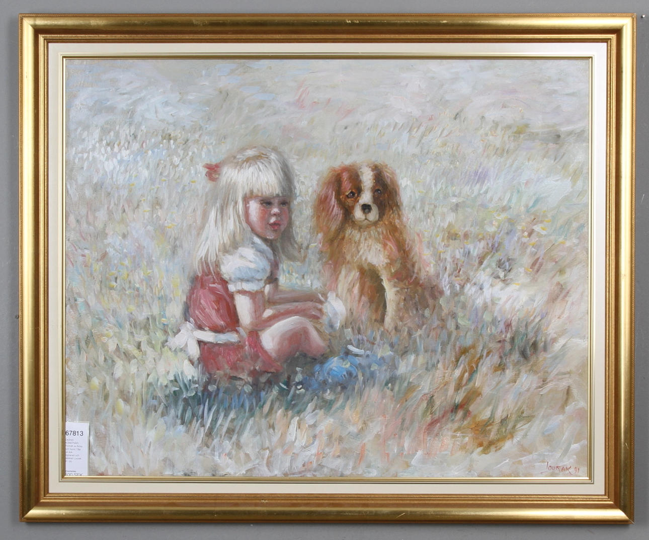OKÄND KONSTNÄR. Porträtt av flicka och hund. Olja på duk. Signerad och daterad Lourak 91.