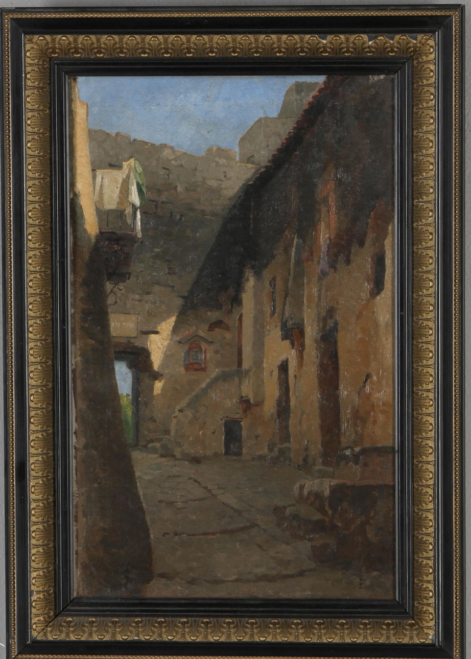 OKÄND KONSTNÄR. Stadsmotiv, olja på pannå, monogramsignerad AB.