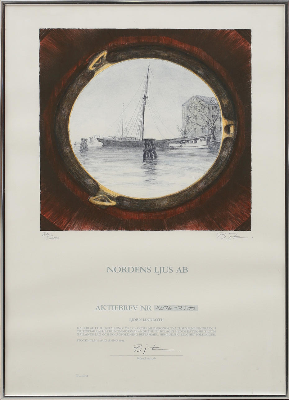 BJÖRN LINDROTH. Color lithograph, motif of ship, signed B Lindroth, numbered 84/200.