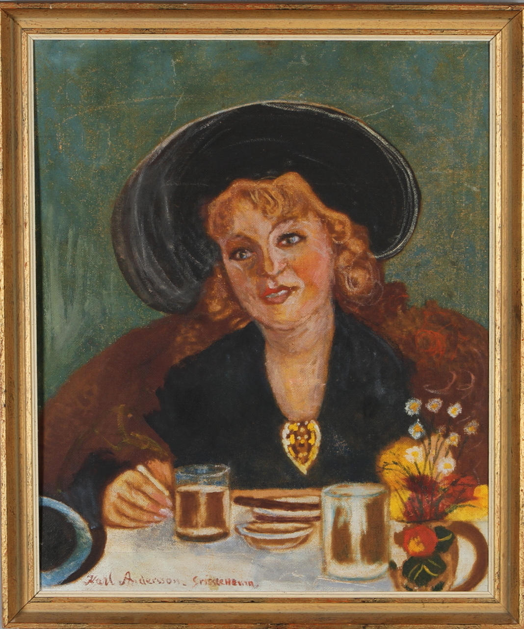 KARL "XYLOGRAFEN" ANDERSSON. Dam med hatt, blandteknik på pannå, sigenrad.