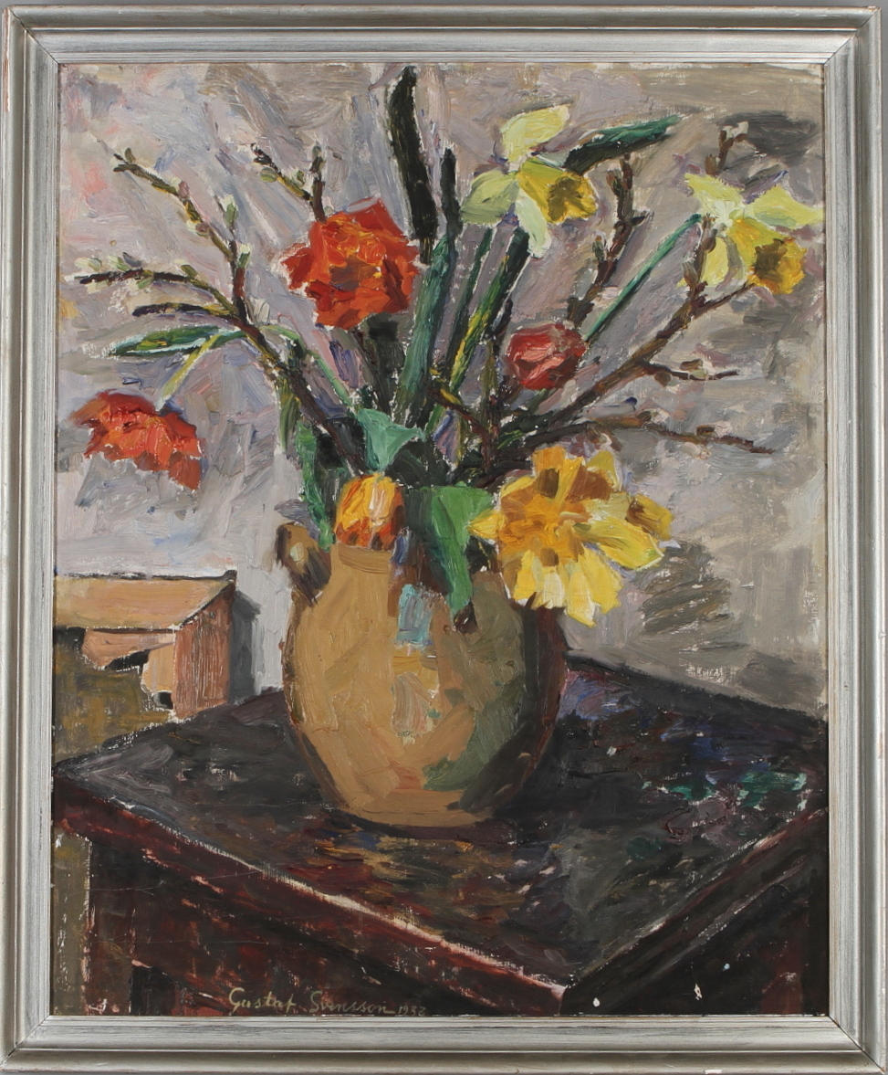 GUSTAF SVENSSON. Blomsterstilleben, olja på pannå, signerad och 1933.