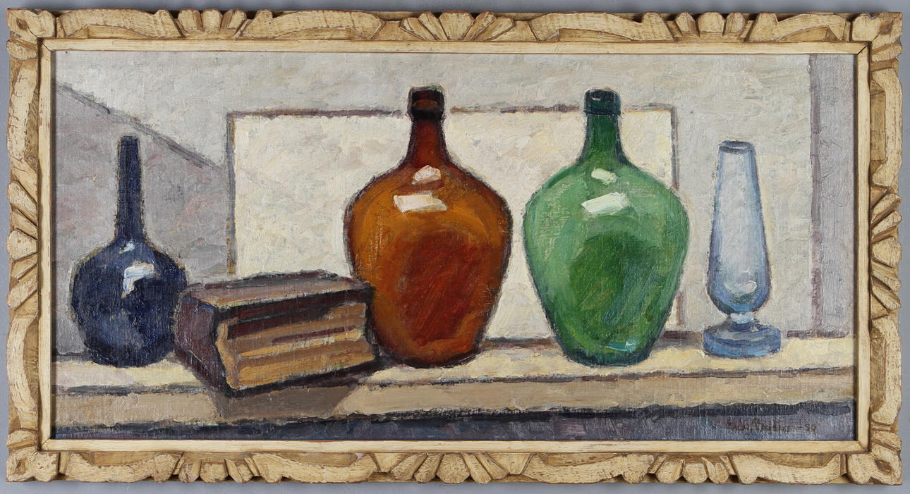 EDVIN BODIN. Stilleben med flaskor, olja på duk, signerad och daterad -50.