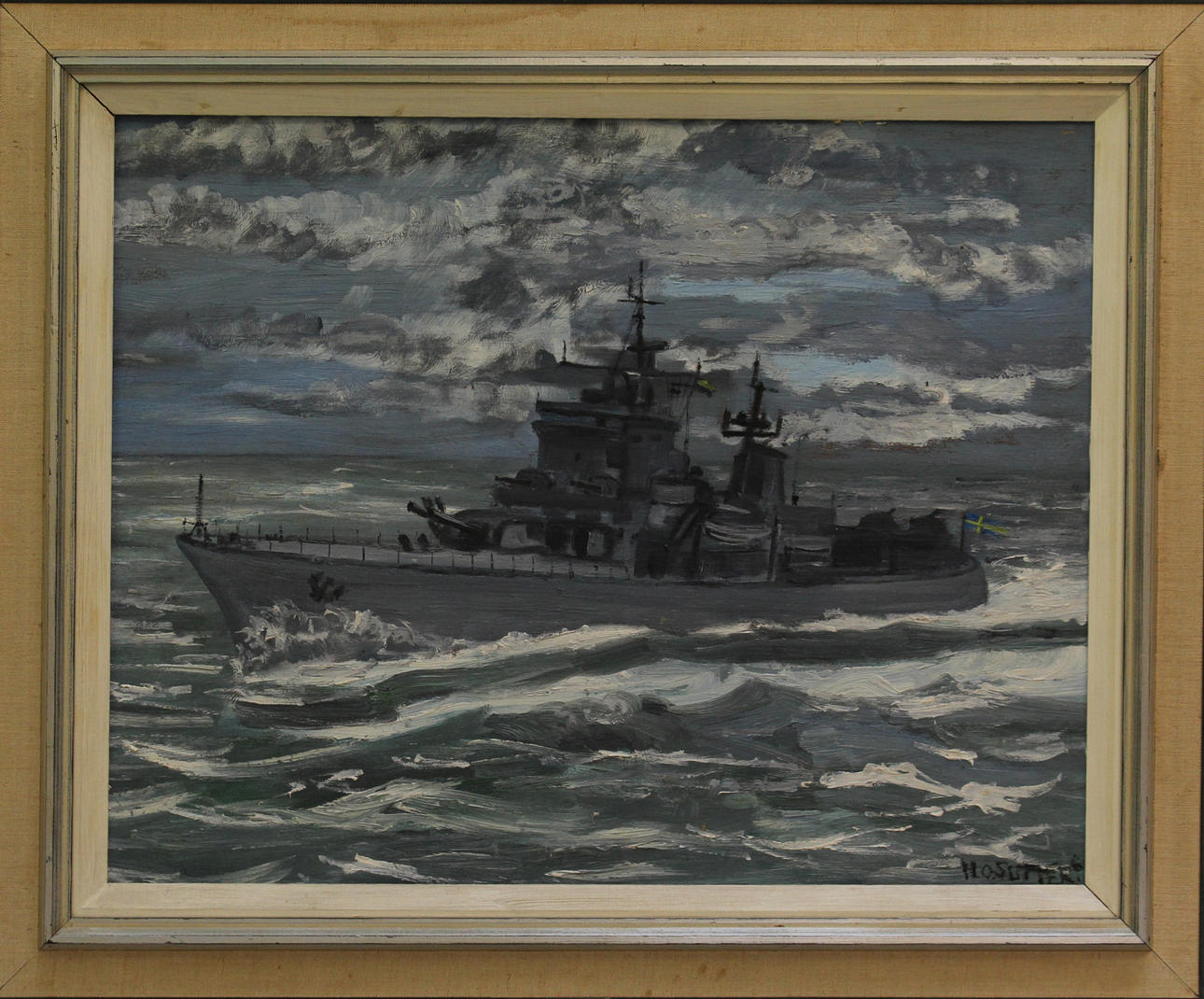 OIDENTIFIERAD KONSTNÄR. Krigsfartyg. Olja på duk. Signerad H O Sutter.