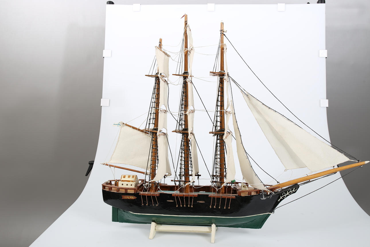 MODEL SHIP, three-masted sailboat, Wilma, handmade, 1900s.
