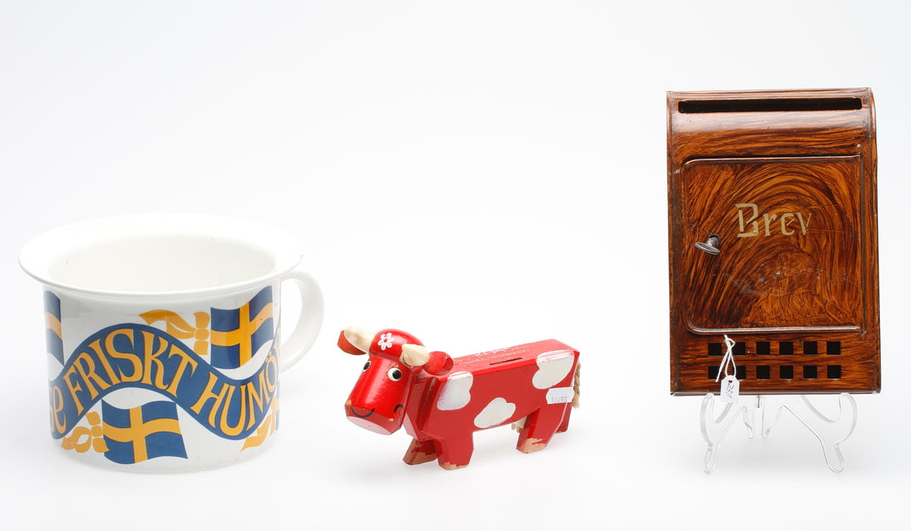 DIVERSE, 3 delar, MC-KOSSA, trä, POTTA, Gustavsberg, BREVLÅDA, plåt.