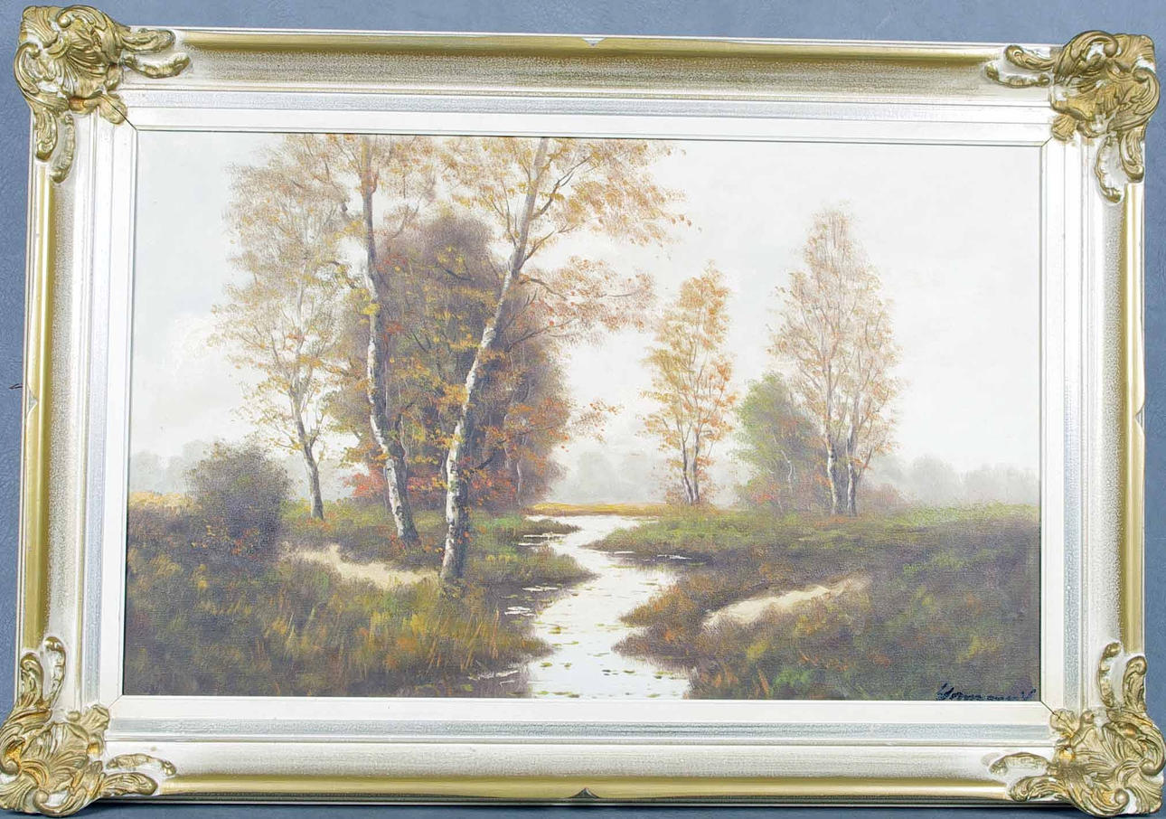 OKÄND KONSTNÄR. Bäcklandskap med trä, olja på duk.