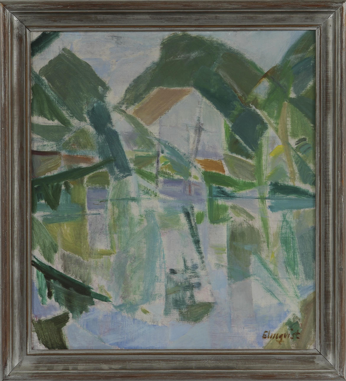 BARBRO ELMQVIST LEYMAN. "Hus vid sjön", olja på duk, signerad.