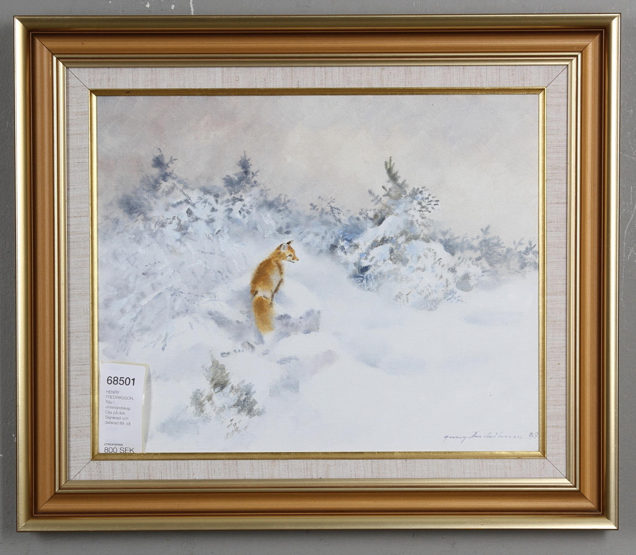 HENRY FREDRIKSSON. Räv i vinterlandskap. Olja på duk. Signerad och daterad 89.