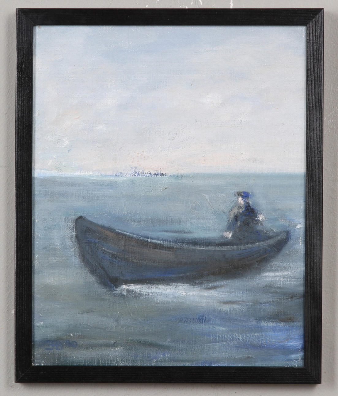 HENRIK BAGER. Man i träbåt. Olja på pannå. Monogramsignerad och daterad 80.