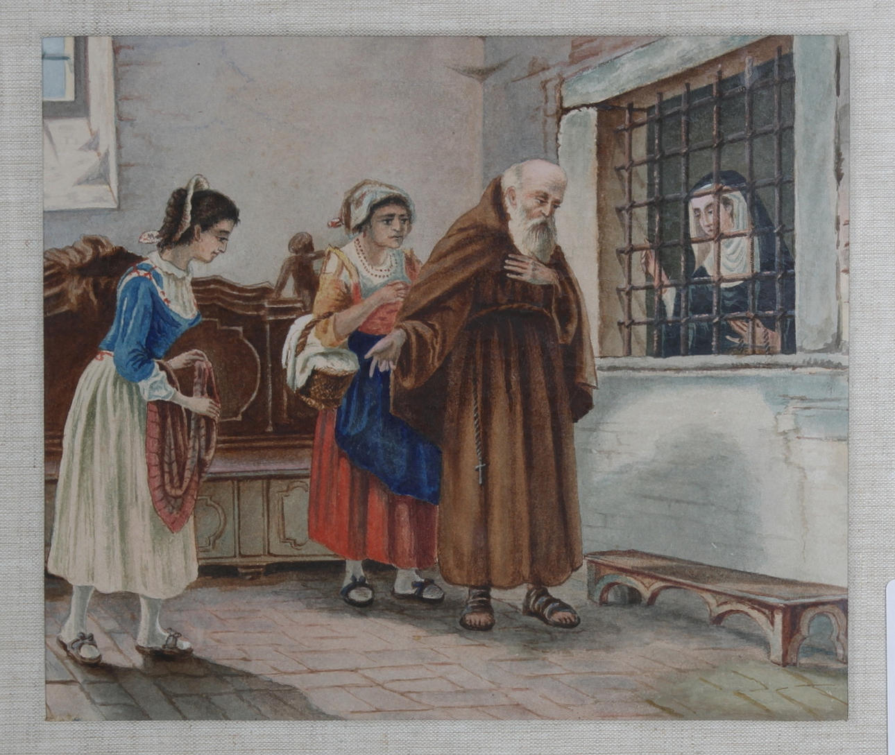 FRANS WILHELM ODELMARK. TILLSKRIVEN. "I klosterporten". Akvarell. Enligt påskrift signerad a tergo.