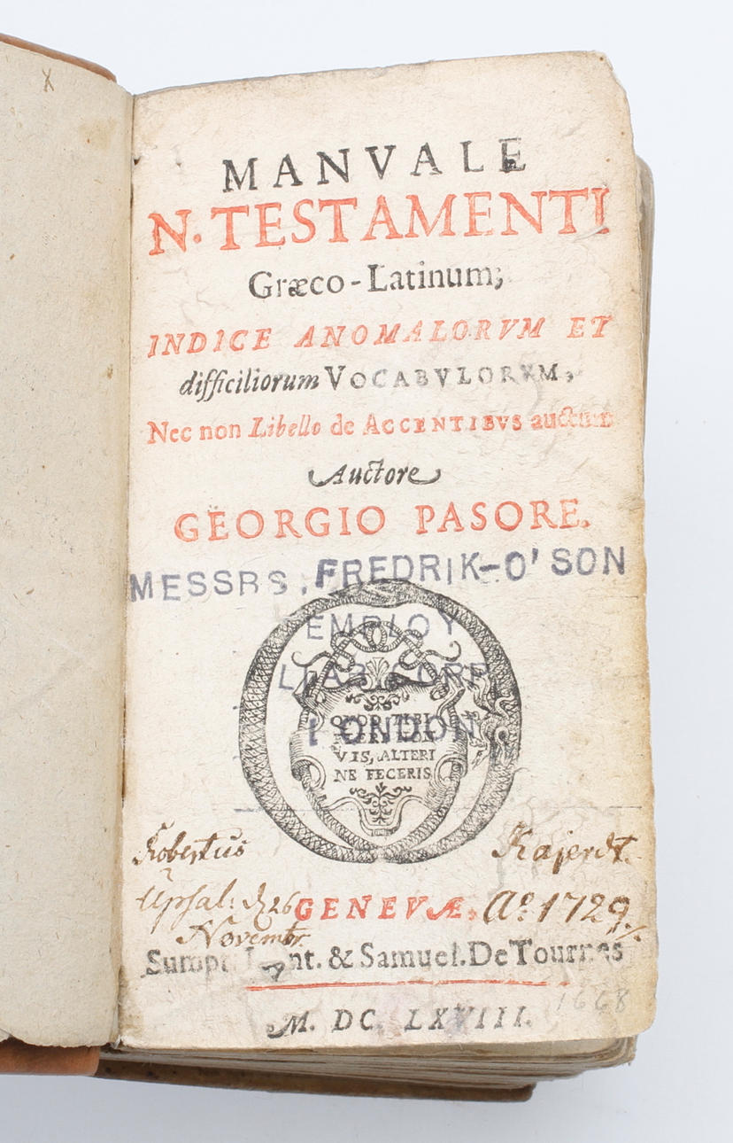 BOK, manvale n. testamenti greco/latinum, Georgio Pasore, Tryckt Geneve 1668.