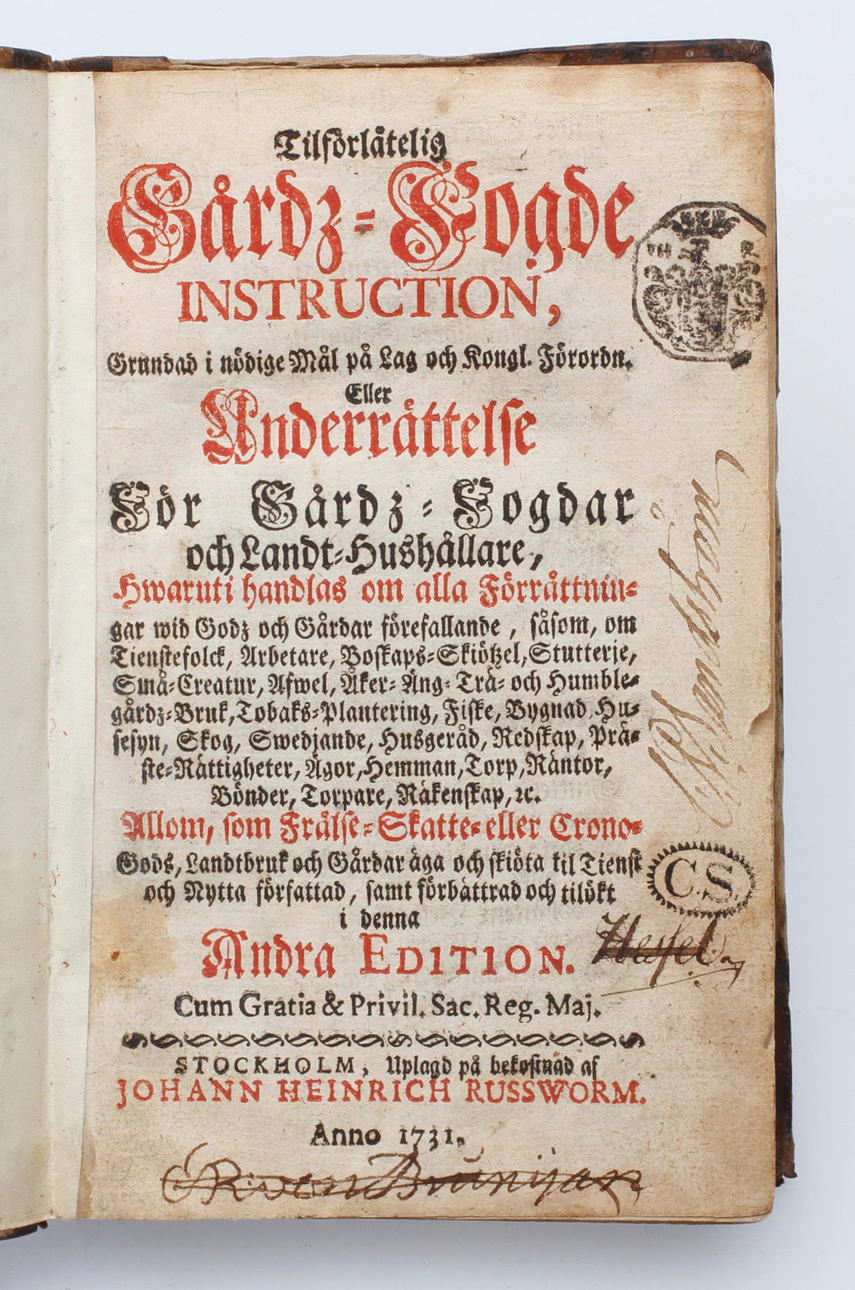 BOK, Gårds Fogde instruction, Stockholm 1731.